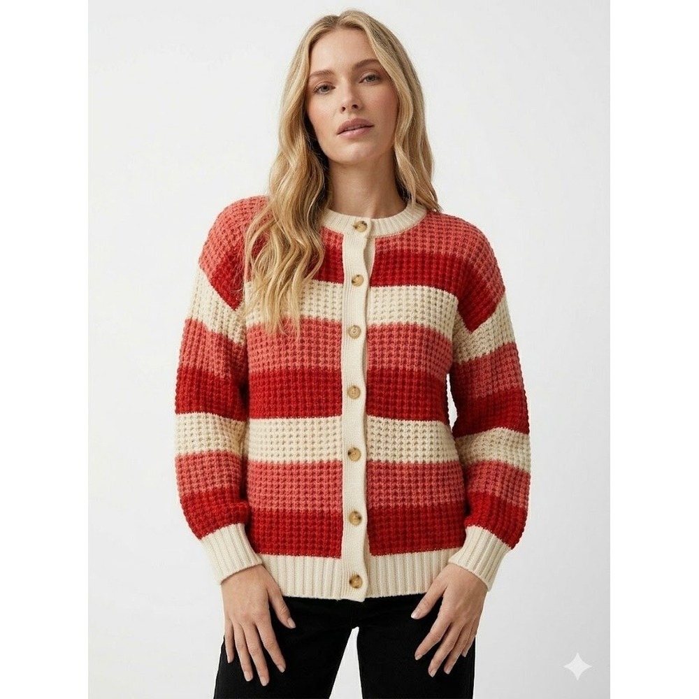Popsugar Striped Chunky Knit Cardigan Red Cream Button Front Sweater XL Retro